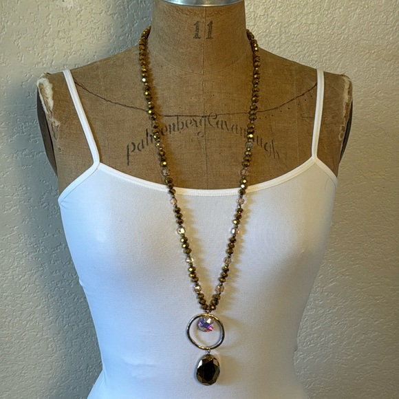 Gold Crystal Long Necklace with Hoop Detail Teardrop Crystal NWT - Picture 1 of 5